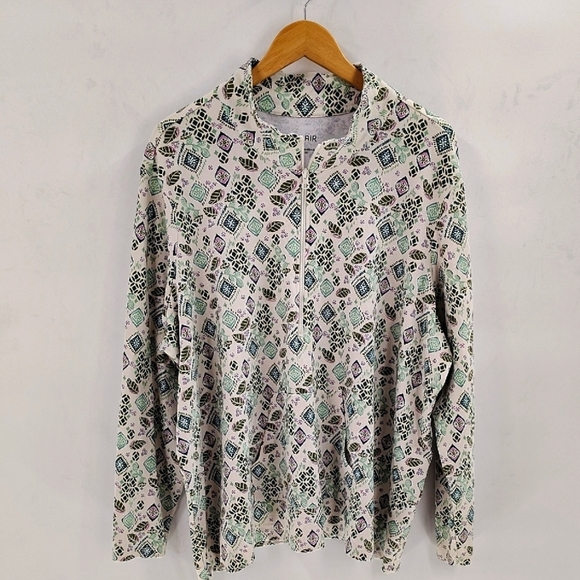 BLAIR Pullover Quarter To Half Zip With Kangaroo Front Pocket Green Print 3X - Picture 1 of 9